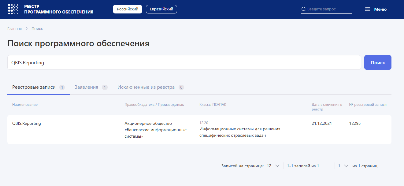 QBIS.Reporting в Реестре российского программного обеспечения